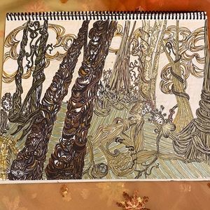 Unframed Original Art Drawing Illustration Fantasy Forest in metallic & Black